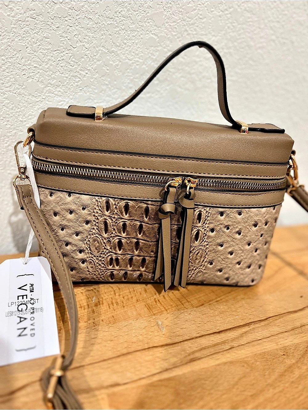 Vegan Leather Crocodile and Ostrich Crossbody Bag in Brown NWT